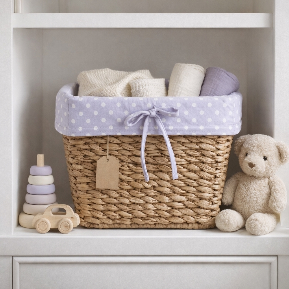 Pottery Barn Kids Large Square Basket Liner Lavender Polka Dot 9x9 x13 PBK